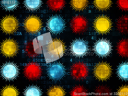 Image of Vacation concept: multicolor Sun icons on Digital background