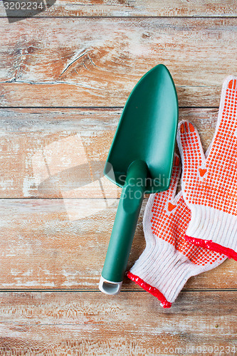 Image of close up of trowel and garden gloves