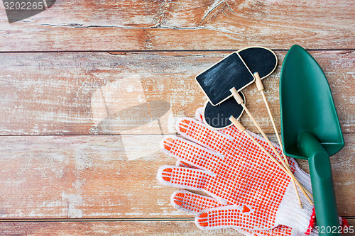 Image of close up of trowel, nameplates and garden gloves