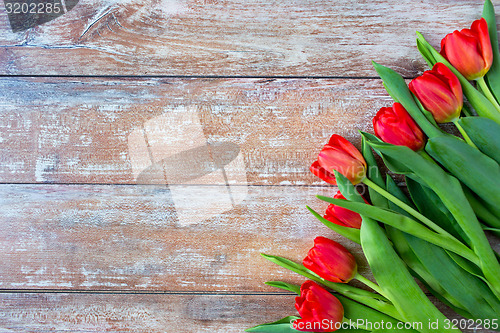 Image of close up of red tulips on wooden background