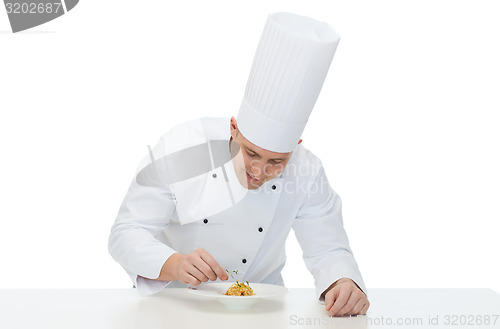 Image of happy male chef cook decorating dish