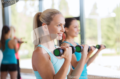 Image of group of women exercising with dumbbells in gym
