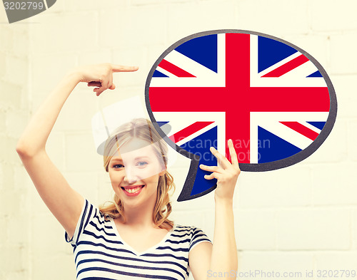 Image of smiling woman with text bubble of british flag