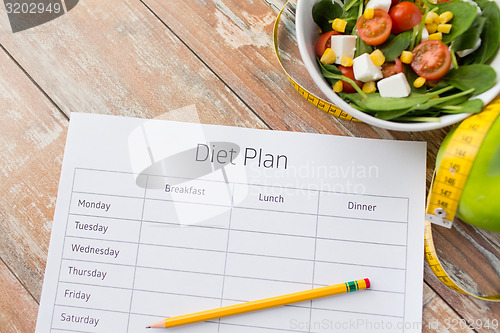 Image of close up of diet plan and food on table