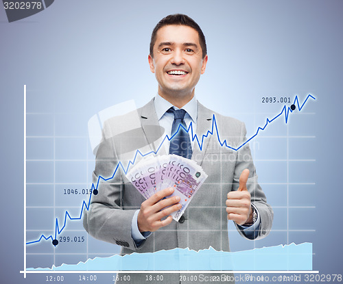 Image of smiling businessman with money showing thumbs up