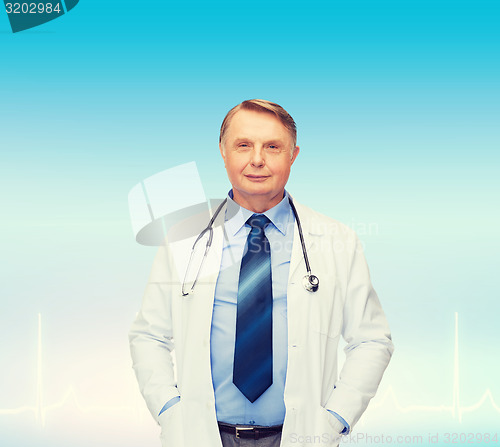 Image of smiling doctor or professor with stethoscope