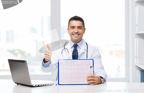 Image of happy doctor with clipboard showing thumbs up