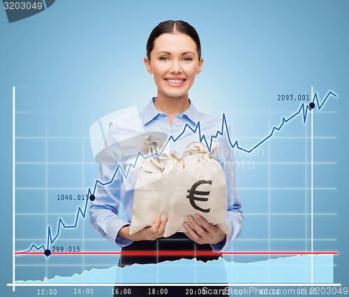 Image of businesswoman holding money bags with euro