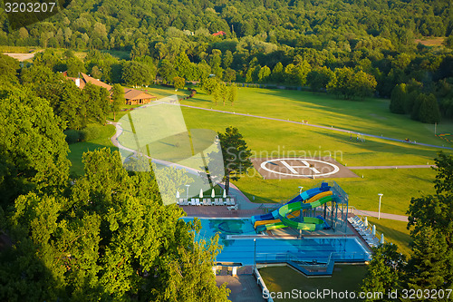 Image of aqua park constructions in swimming pool