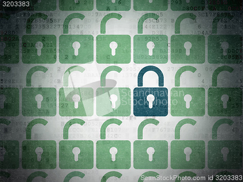 Image of Privacy concept: blue closed padlock icon on Digital Paper background
