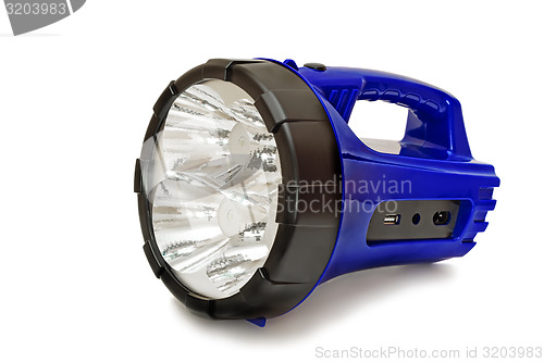 Image of Electric rechargeable led flashlight on a white background.