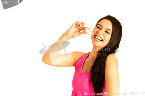 Image of Attractive young woman about to eat sushi