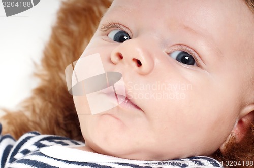 Image of Portrait of adorable child lying on fur