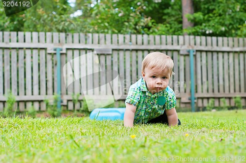 Image of Cute baby crawling in the grass