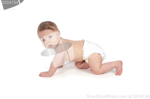 Image of Side view of pretty crawling baby