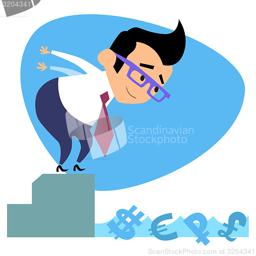 Image of Businessman swimmer jumps pool with money business theme sports