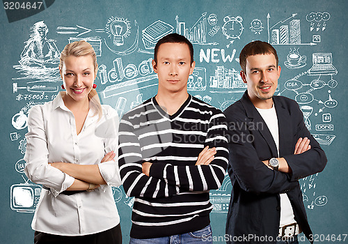 Image of Teamwork and Asian Man In Striped Pullover