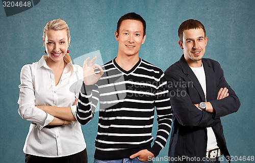 Image of Teamwork and Asian Man In Striped Pullover