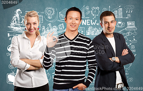 Image of Teamwork and Asian Man In Striped Pullover