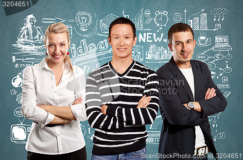 Image of Teamwork and Asian Man In Striped Pullover