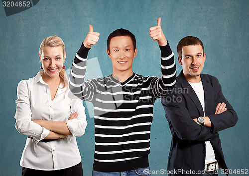 Image of Teamwork and Asian Man In Striped Pullover