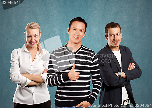 Image of Teamwork and Asian Man In Striped Pullover
