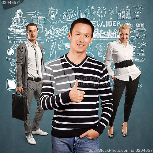 Image of Teamwork and Asian Man In Striped Pullover