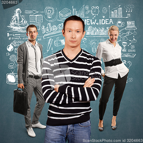 Image of Teamwork and Asian Man In Striped Pullover