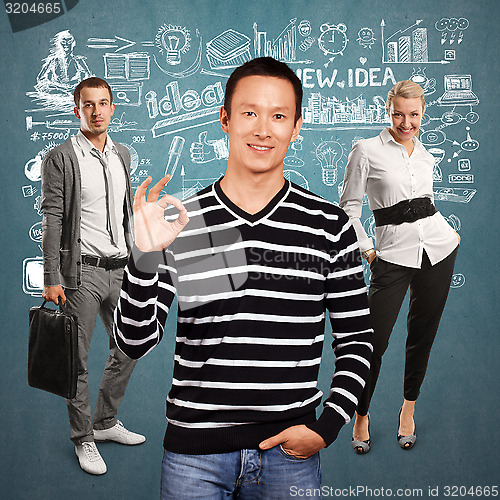 Image of Teamwork and Asian Man In Striped Pullover
