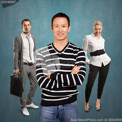 Image of Teamwork and Asian Man In Striped Pullover