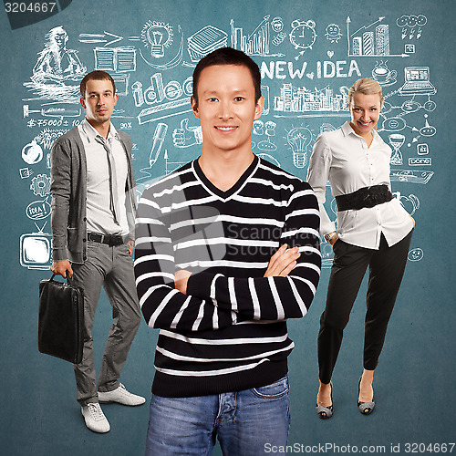 Image of Teamwork and Asian Man In Striped Pullover