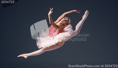 Image of Beautiful female ballet dancer on a grey background. Ballerina is wearing  pink tutu and pointe shoes.