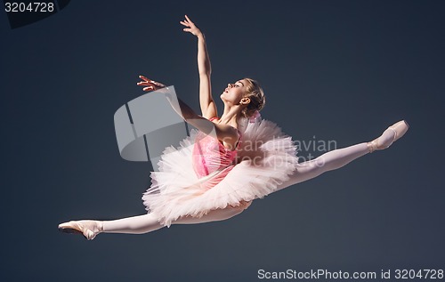 Image of Beautiful female ballet dancer on a grey background. Ballerina is wearing  pink tutu and pointe shoes.