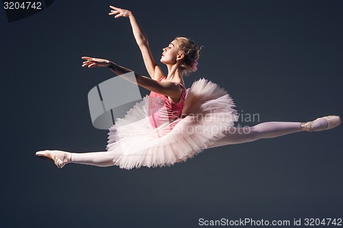 Image of Beautiful female ballet dancer on a grey background. Ballerina is wearing  pink tutu and pointe shoes.
