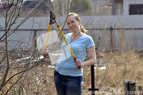 Image of The woman in a garden cuts off branches secateurs with long hand