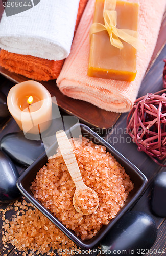 Image of sea salt, soap and towels