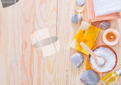 Image of sea salt, soap and towels