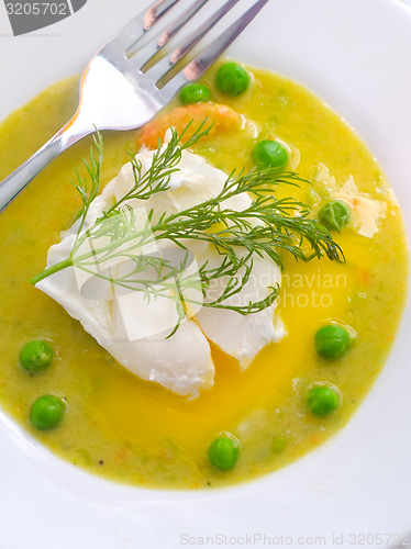 Image of Fresh soup from green peas and egg-poached