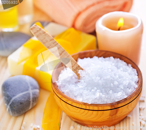 Image of sea salt, soap and towels