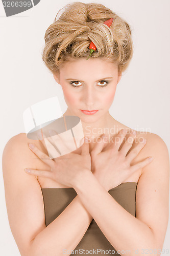 Image of Attractive woman with hair vegetable and fruit chain