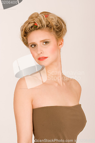 Image of Attractive woman with hair vegetable and fruit chain