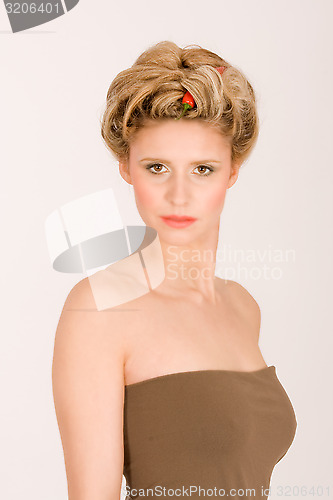 Image of Attractive woman with hair vegetable and fruit chain