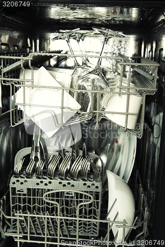 Image of details of open dishwasher, utensils with drops in during washin