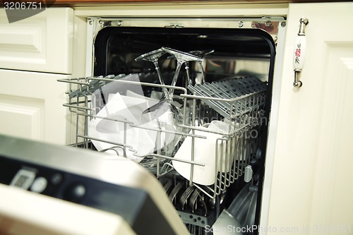 Image of details of Open dishwasher with clean utensils