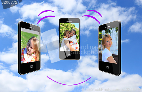 Image of Mother and her daughter connecting with phones