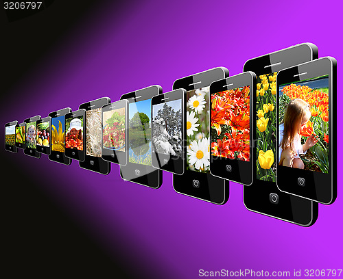 Image of Modern mobile phones with different images