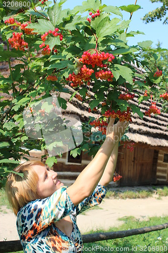 Image of girl with red guelder-rose besides an rural house