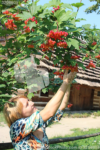 Image of girl with red guelder-rose besides an rural house