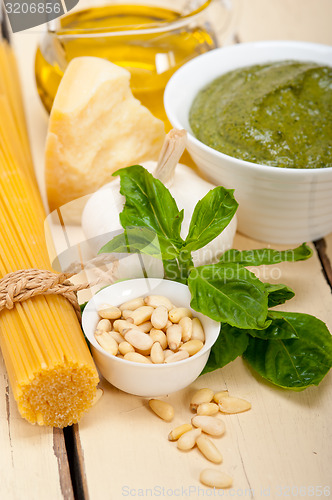 Image of Italian traditional basil pesto pasta ingredients