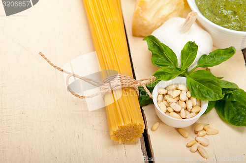 Image of Italian traditional basil pesto pasta ingredients